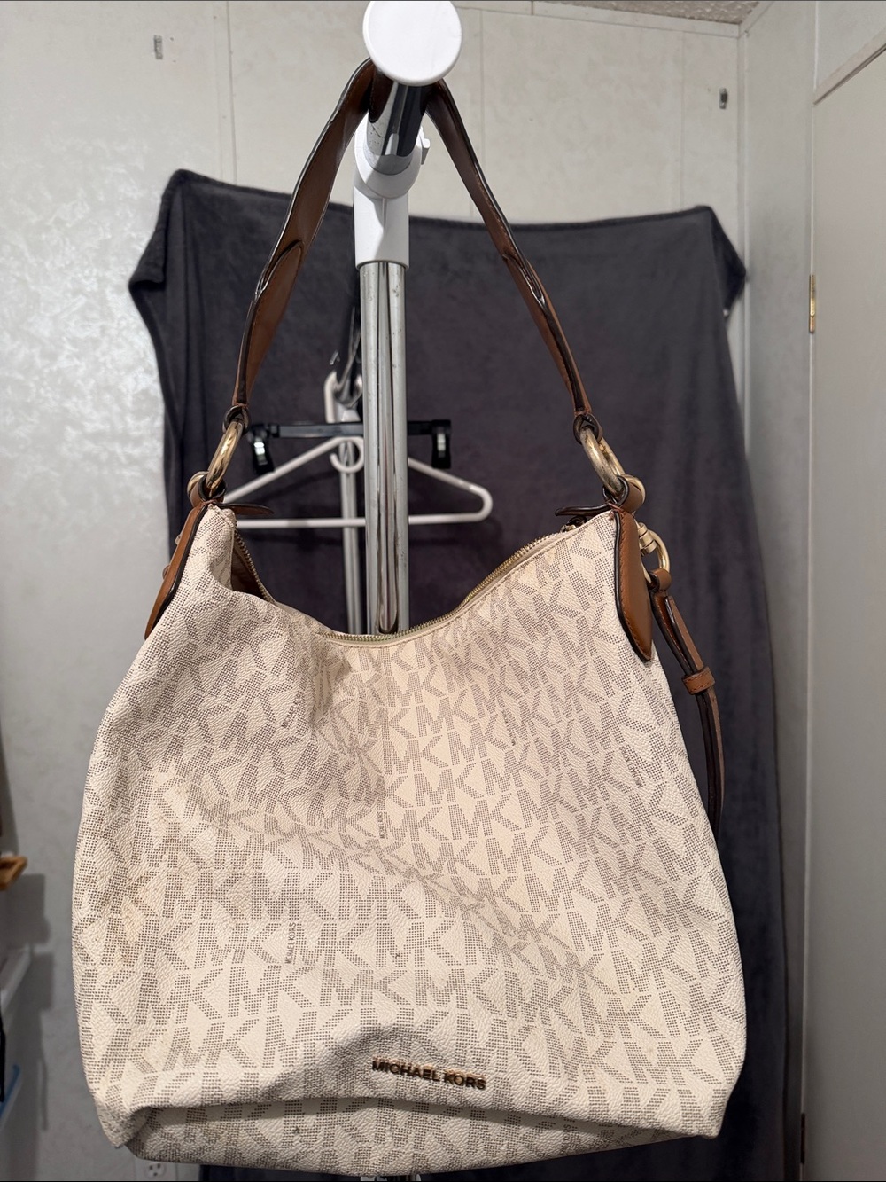 Michael Kors Cream and Brown MK Logo Shoulder Bag